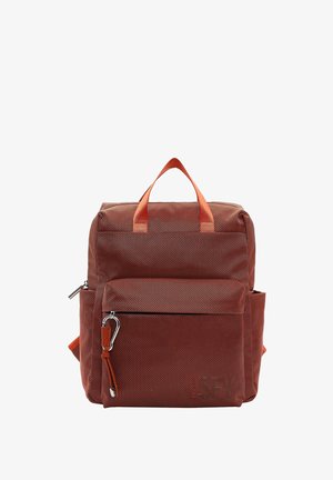 Brown textured backpack with orange accents, double top handles, front zipper pocket, and a carabiner clip attached. Rectangular shape.