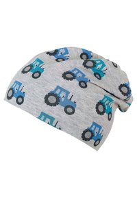 Gray beanie hat with a soft texture, featuring a repeated pattern of blue tractors and black wheels, designed to fit comfortably.