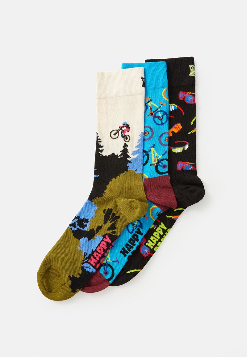 Keturios kojinės su įvairiais raštais: šviesiai smėlinė su dviratininku, mėlyna su dviračiais, tamsiai juoda su spalvotais raštais ir alyvuogių žalios.