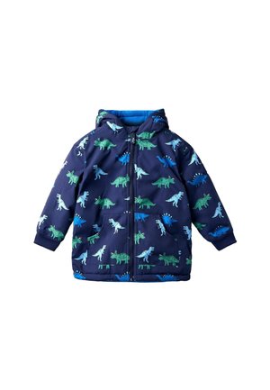 Dunkelblaue Kinderjacke mit Kapuze und Reißverschluss, mit Taschen vorne und einem Druck von grünen, blauen und hellblauen Dinosauriern überall.