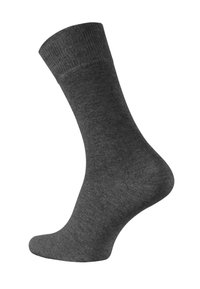 Dark gray mid-calf sock with ribbed cuff and smooth knit texture, shown angled side view against a white background.
