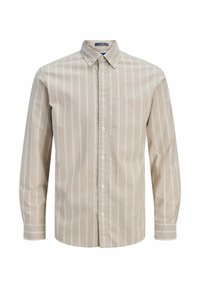 Chemise beige à manches longues avec des rayures verticales blanches et un col boutonné.