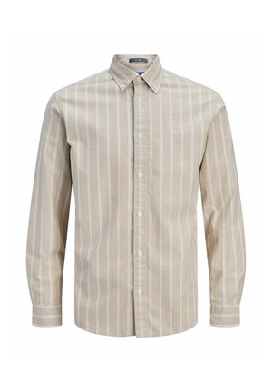 Chemise beige à manches longues avec des rayures verticales blanches et un col boutonné.