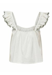 Top de lino blanco con mangas con volantes, que presenta acentos bordados en verde a lo largo de los bordes y un escote fruncido para un ajuste holgado.