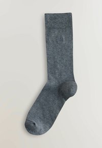 Calzino grigio a coste singolo con un sottile logo ricamato sul lato, posato in piano su uno sfondo chiaro.