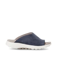 Navy blue slide sandal with a soft suede upper, open toe design, and a cushioning white sole. Features a low-profile, casual shape.