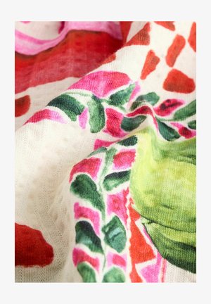 Mehrfarbiger Stoff mit leuchtenden Blumenmustern in Pink, Rot, Grün und Weiß. Weiche Textur mit einem organischen, fließenden Design.