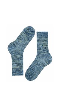 Calzini blu e verdi melangiati con risvolto a costine, texture contrastanti e una finitura liscia. Adatti per un abbigliamento casual.