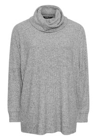 Maglione grigio a collo alto con coste, maniche lunghe e vestibilità relaxed. Presenta una texture sottile e una tasca frontale.