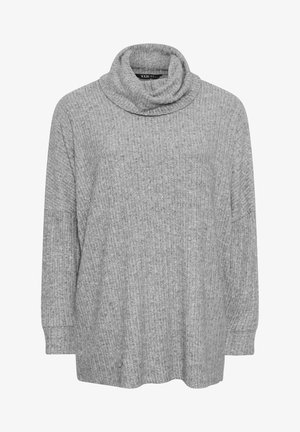 Grå ribbet rullekravesweater med lange ærmer og en afslappet pasform. Har en subtil tekstur og en frontlomme.