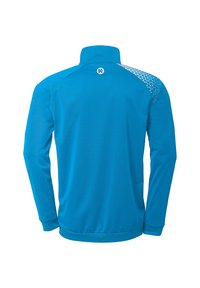 Blå langærmet jakke med høj krave, prydet med et geometrisk mønster på skuldrene samt elastiske manchetter og søm. Glat, letvægtigt stof.