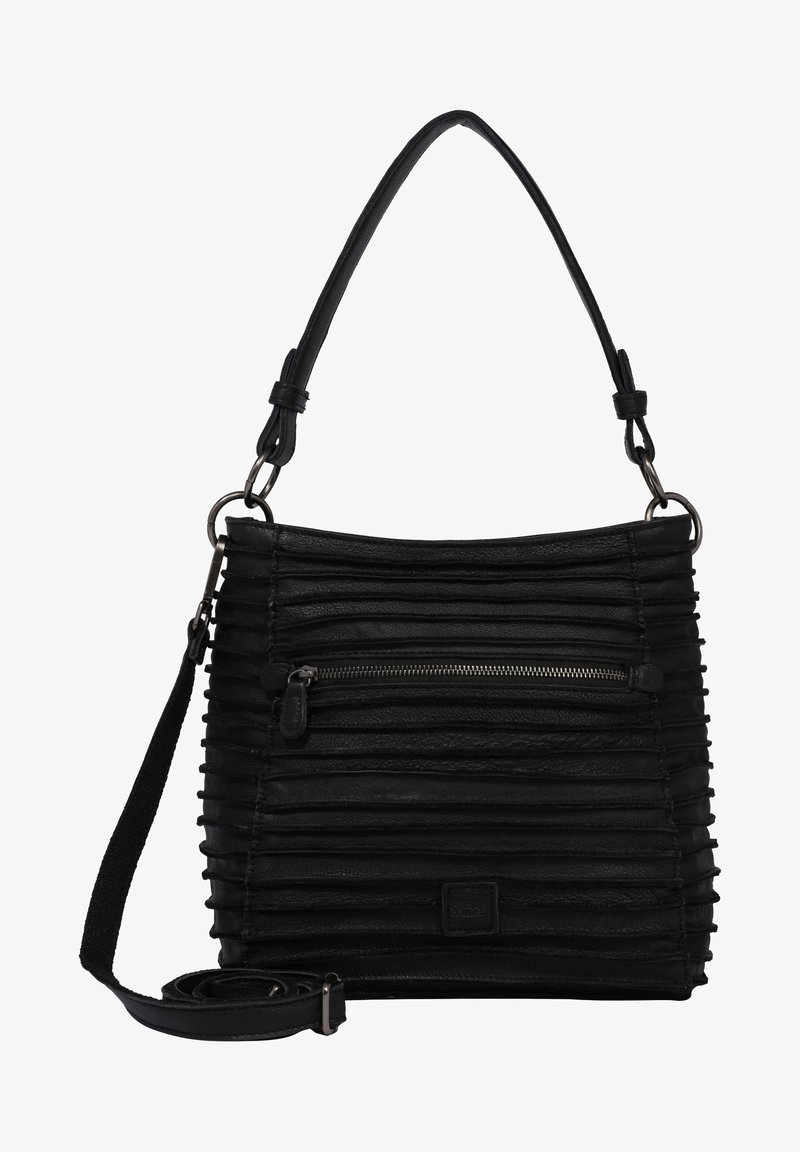 Sac à main en cuir noir avec plis horizontaux, poche avant zippée, poignée unique sur le dessus et bandoulière amovible.