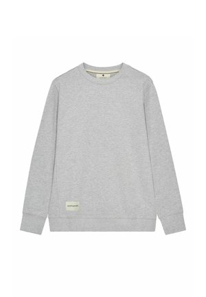 Grauer Langarm-Sweatshirt aus weichem Stoff. Mit Rundhalsausschnitt und einem kleinen Label an der unteren linken Vorderseite. Minimalistisches Design.
