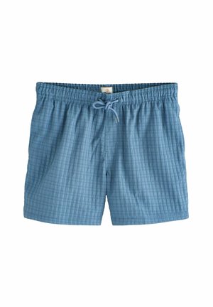 Pantaloncini da bagno azzurri con motivo a quadretti testurizzati, vita elastica e coulisse. Dotati di tasche laterali e vestibilità comoda.
