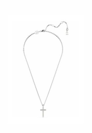 Collana in argento con un ciondolo a croce decorato con piccoli cristalli trasparenti, dotata di un gancio regolabile per personalizzare la lunghezza.
