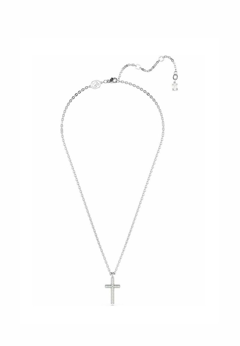 Collana in argento con un ciondolo a croce decorato con piccoli cristalli trasparenti, dotata di un gancio regolabile per personalizzare la lunghezza.