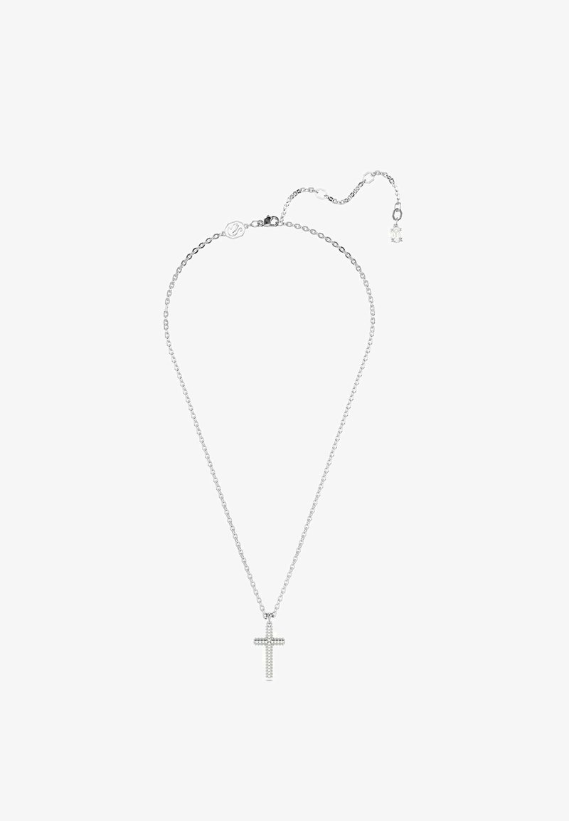 Collana in argento con un ciondolo a croce decorato con piccoli cristalli trasparenti, dotata di un gancio regolabile per personalizzare la lunghezza.