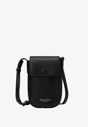Black textured leather crossbody bag with flap closure and adjustable strap, Marc O’Polo logo on front bottom center.