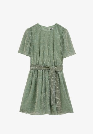 Svijetlozelena haljina kratkih rukava s motivom zlatnih metalik točkica, plisirani materijal, okrugli izrez i usklađeni pojas oko struka vezan sprijeda.