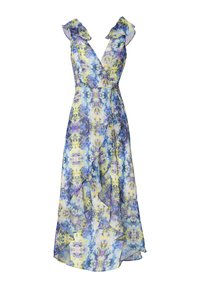 Florales Wickelkleid aus transparenter Stoff mit einer Mischung aus Blau-, Gelb- und Lila-Tönen, mit Rüschensleeves und einem unregelmäßigen Saum.