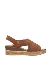 Sandale compensée marron à bout ouvert et bride arrière, avec tige en daim et semelle beige texturée avec un accent doré.