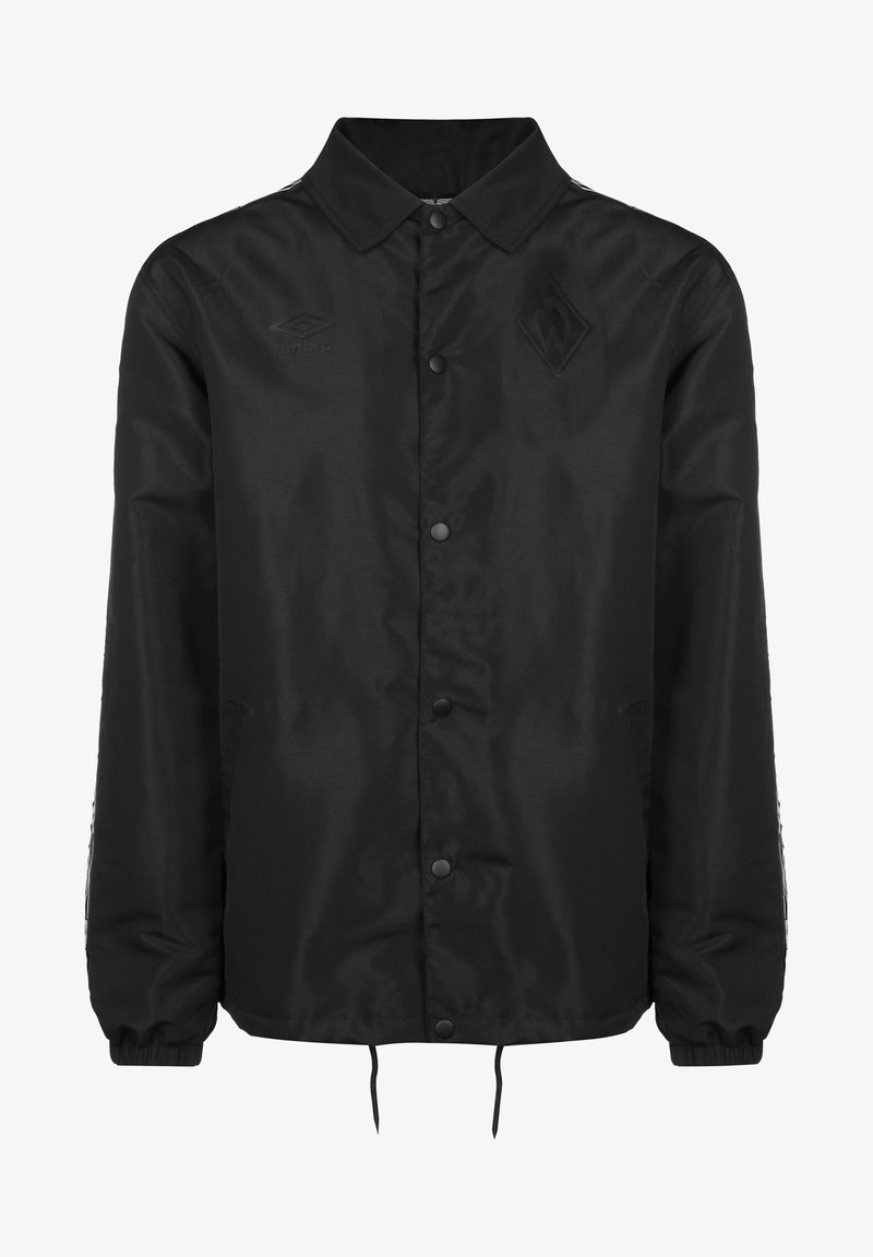 Veste noire légère avec col, boutons-pression sur le devant, poignets élastiques, cordon de serrage à l'ourlet et logos discrets sur la poitrine.
