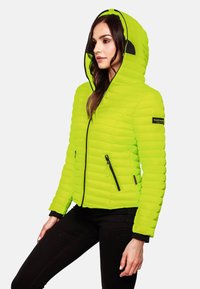 Bright lime green puffer jacket with a hood, featuring horizontal quilting, zippered front closure, and two side pockets with black accents.