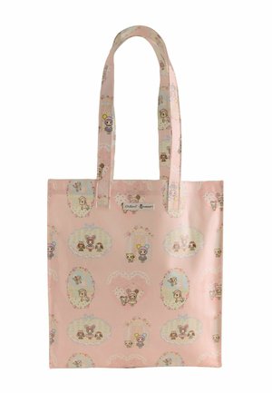 Pink tote bag with cartoon animal characters and floral oval and heart patterns, featuring long handles and a small label on the front.