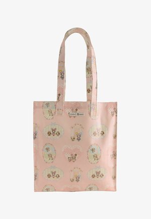 Pink mulepose med tegneserie dyrefigurer og blomstrede ovale og hjerteformede mønstre, udstyret med lange håndtag og et lille mærke foran.