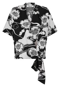 Top a maniche corte in bianco e nero, con un motivo floreale e un design avvolgente con un fiocco annodato in vita. Tessuto dalla texture liscia.