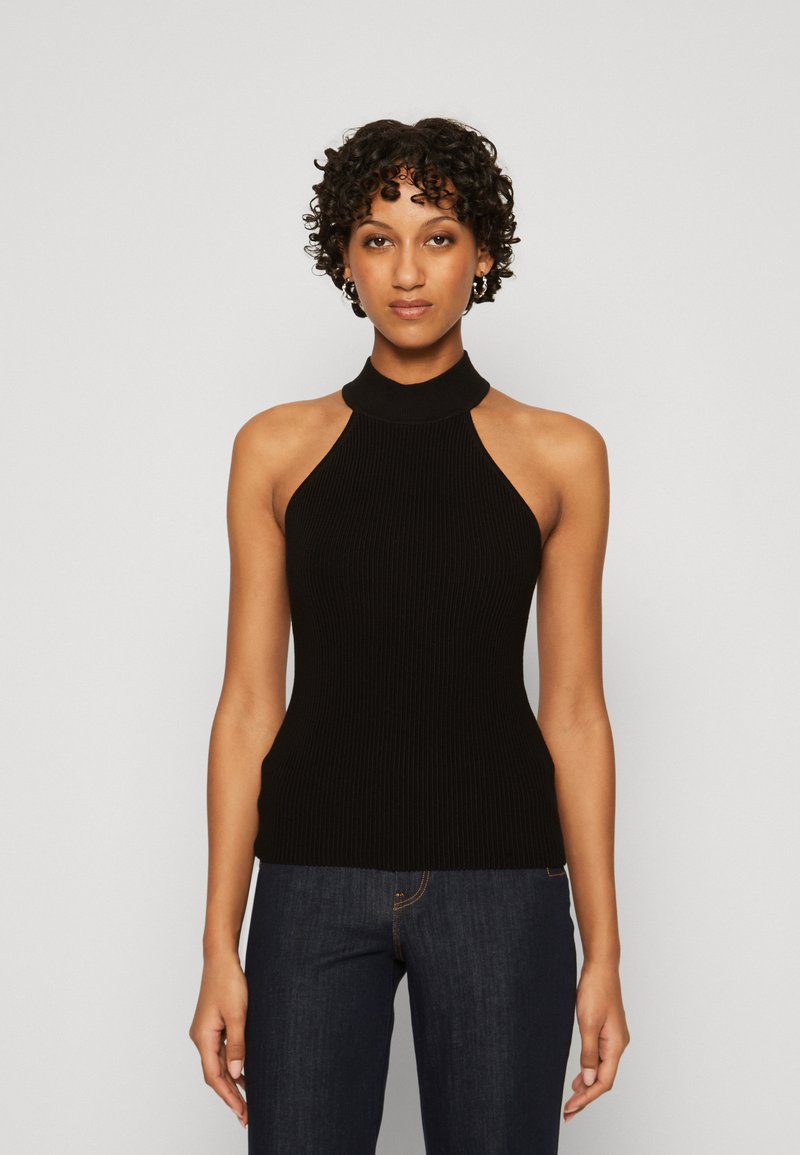 GUESS Women's Sleeveless Michela Top With Rhinestone Logo – Jet Black Ruching Detail