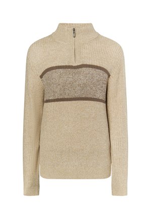 Beige pletený svetr s vysokým límcem a 1/4 zipem. Obsahuje texturovaný hnědý vodorovný pruh přes hruď. Dlouhé rukávy a ribovaný lem.