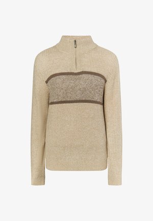 Bež kudum, millel on kõrge kaelus ja 1/4 lukuga materjal. Rinna kohal on tekstureeritud pruun horisontaalne triip. Pikad varrukad ja soonikkoes äär.