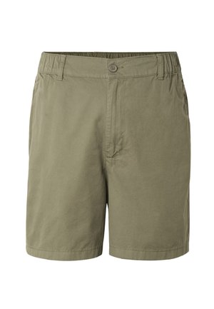 Legere Shorts in Olivgrün mit elastischem Bund, Knopfverschluss, Gürtelschlaufen und Seitentaschen, dargestellt auf weißem Hintergrund.
