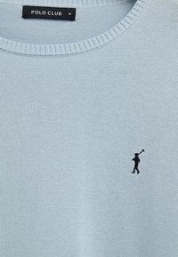 Jasnoniebieski sweter z dzianiny z czarną wyhaftowaną postacią jeźdźca polo przy piersi oraz czarną metką "Polo Club" przy kołnierzu.