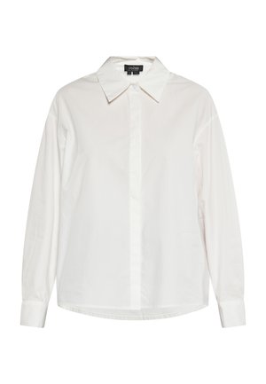 Camisa blanca de manga larga hecha de algodón suave, con un cuello clásico, frente abotonado y dobladillo redondeado con mangas con puños.