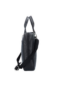 Black leather bag with dual top handles and a detachable shoulder strap. Features a zipper closure and a smooth, textured surface.