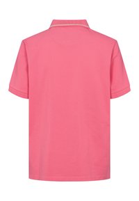Vue arrière d'un polo rose uni à manches courtes avec un col côtelé présentant une seule bande claire.