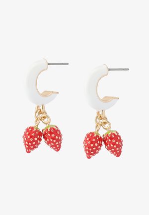 White hoop earrings with gold accents, featuring two small red strawberry charms with textured patterns and green leaves.