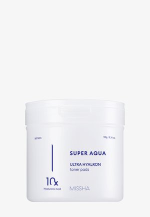 Hvid beholder med Missha Super Aqua Ultra Hyalron toner pads med 90 puder og 10x hyaluronsyre skrevet med blå tekst foran.