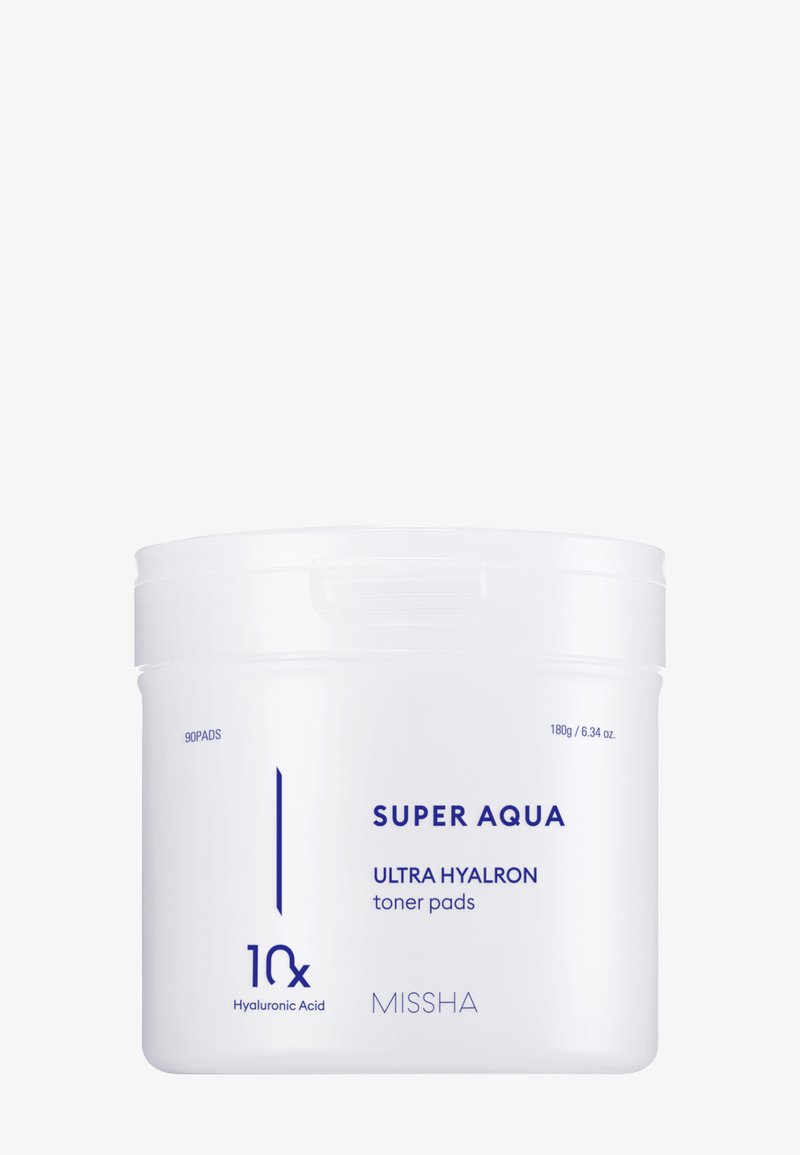 Contenant blanc des tampons tonifiants Missha Super Aqua Ultra Hyalron avec 90 tampons et 10x acide hyaluronique écrit en bleu sur le devant.
