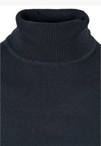 Marineblå genser med høy krage laget av ribbestrikket stoff. Har en høy krage og en glatt tekstur, som gir en tettsittende design.