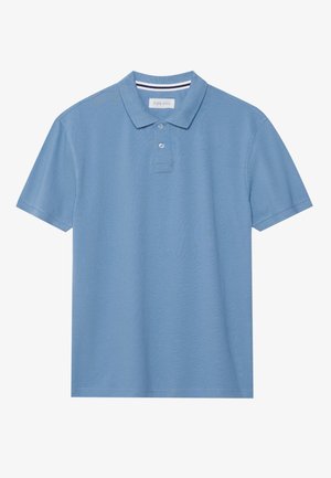 Polo azzurro chiaro, maniche corte, colletto a coste, patta con tre bottoni, morbido al tatto, presenta strisce sul colletto, etichetta con la scritta "PIER ONE."