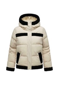 Crème pufferjack met zwarte fleece afwerking op de capuchon, borst, zakken, manchetten en zoom, met een voorkant rits en een gevoerd ontwerp.
