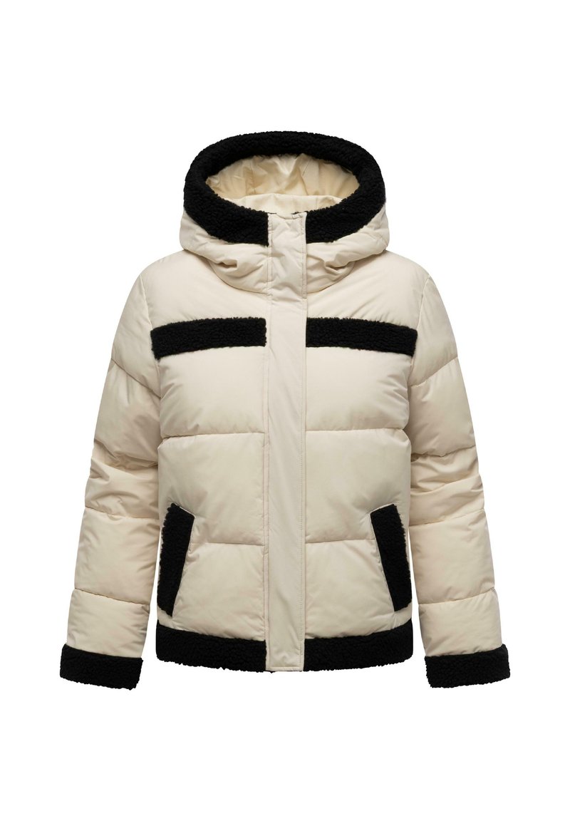 Crème pufferjack met zwarte fleece afwerking op de capuchon, borst, zakken, manchetten en zoom, met een voorkant rits en een gevoerd ontwerp.