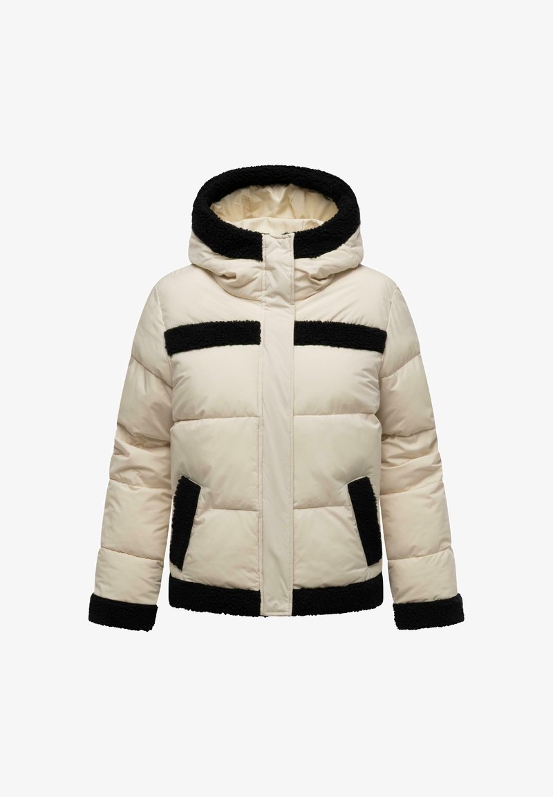 Crème pufferjack met zwarte fleece afwerking op de capuchon, borst, zakken, manchetten en zoom, met een voorkant rits en een gevoerd ontwerp.