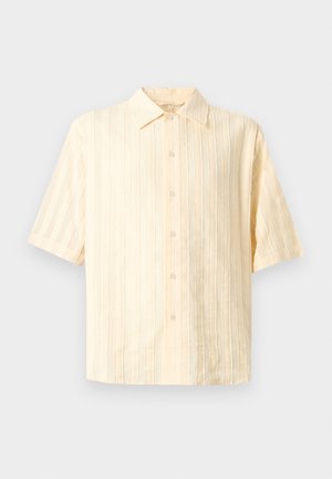 Πουκάμισο με κοντά μανίκια και γιακά σε ανοιχτό κίτρινο, με κάθετες ρίγες, εμπρόσθιο μέρος με κουμπιά και άνετη εφαρμογή.