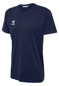 Marineblå bomulls T-skjorte med korte ermer, rund hals og en hvit brodert logo på venstre bryst. Glatt tekstur, klassisk passform.