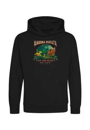 Black hoodie with a Lion King design showing Simba, Timon, and Pumbaa walking, with the text "Hakuna Matata, It's Our Motto".
