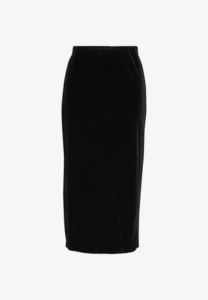 Falda midi negra hecha de un tejido suave y aterciopelado. Cuenta con una cintura elástica y una silueta ajustada con un dobladillo recto.